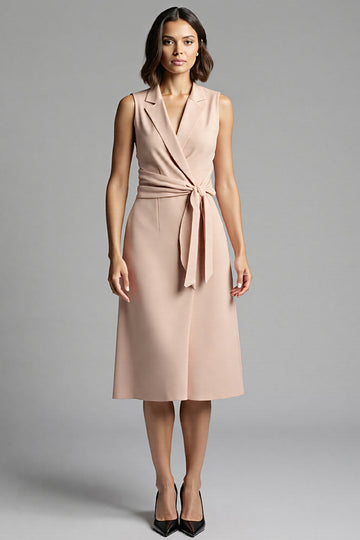 Champagne Notched Lapel Bodycon Midi Work Dress with Sash